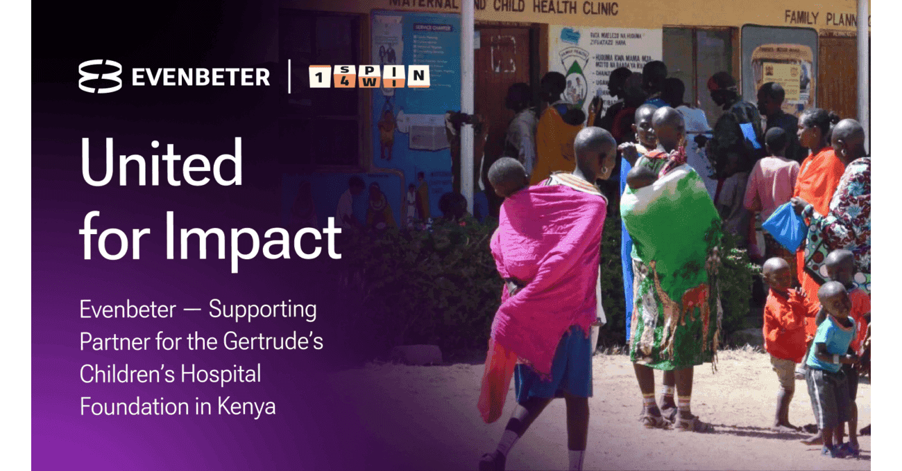 Photo of Gertrude's Children's Hospital healthcare staff providing care to children, alongside Evenbeter and 1spin4win banners