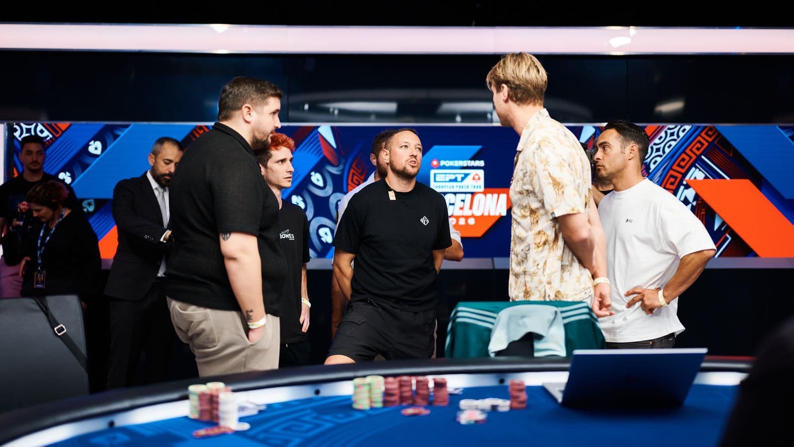 EPT Barcelona 2026 final table with winner Manuel Ferrari, chip stacks, and PokerStars branding.