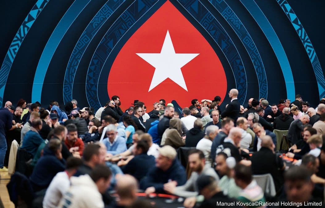 Poker table in the PokerStars Live Room with chips and cards during a tournament at the Casino di Campione d’Italia