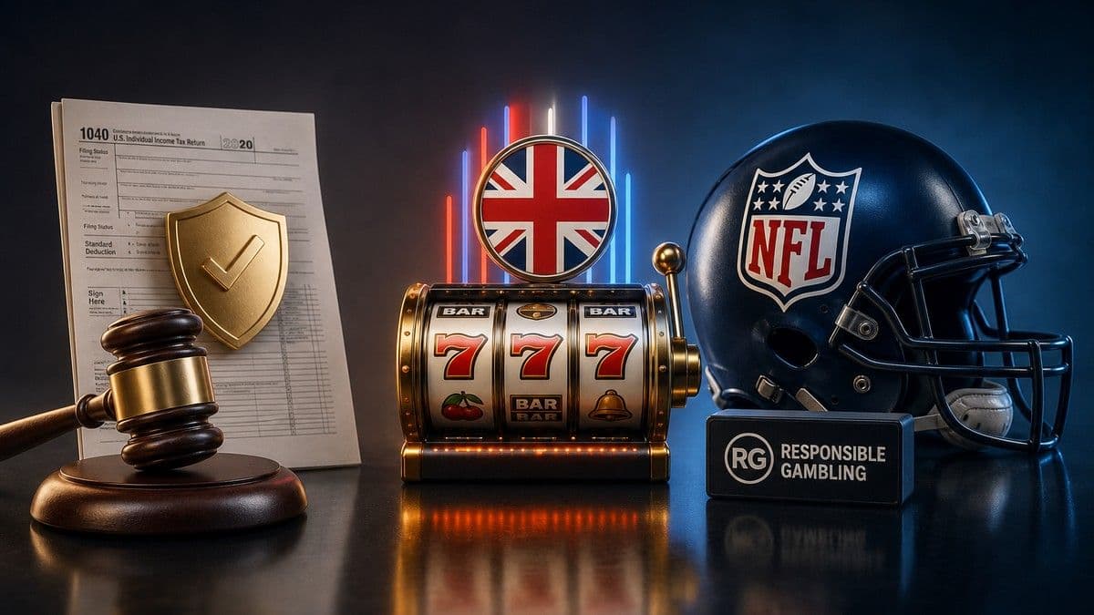 A collage showing a U.S. congressional chamber, a digital casino dashboard, and an NFL stadium on game day.