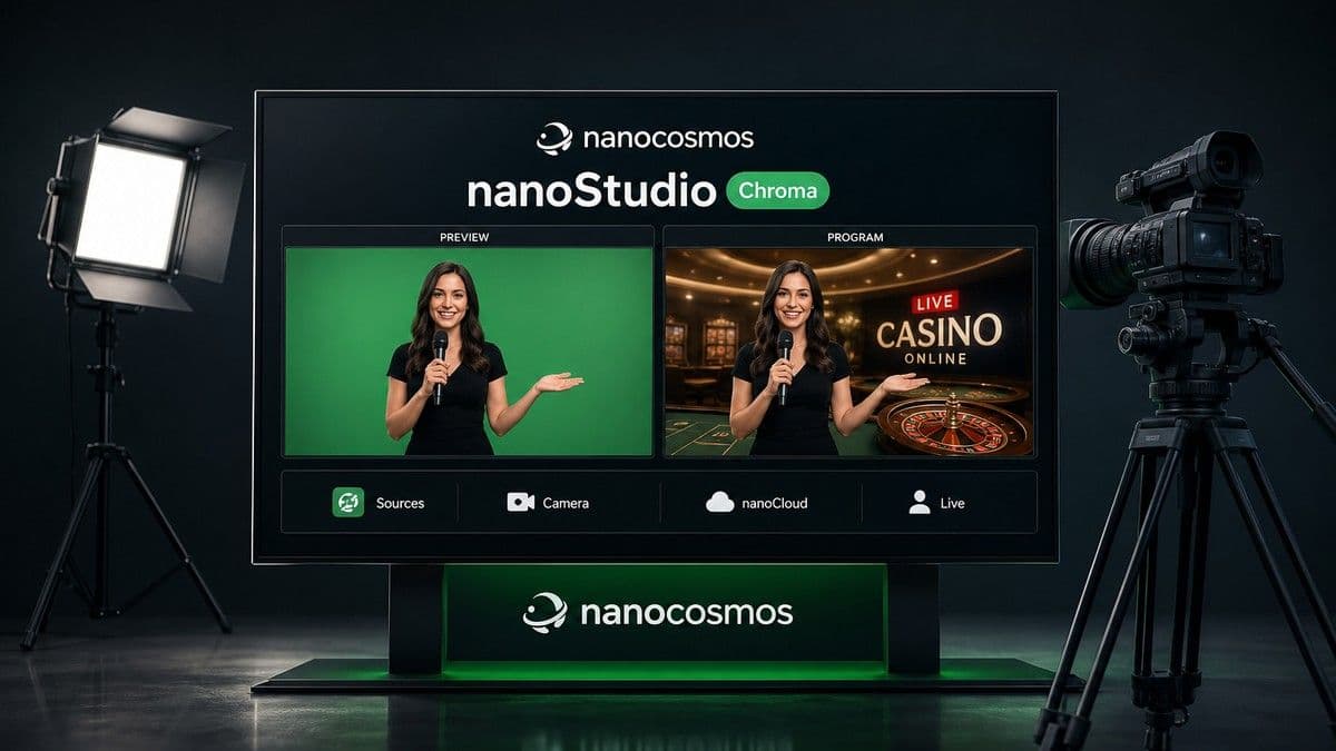 nanocosmos nanoStudio Chroma demonstration at SBC Summit 2026 showing a green screen live casino setup streaming multiple branded outputs