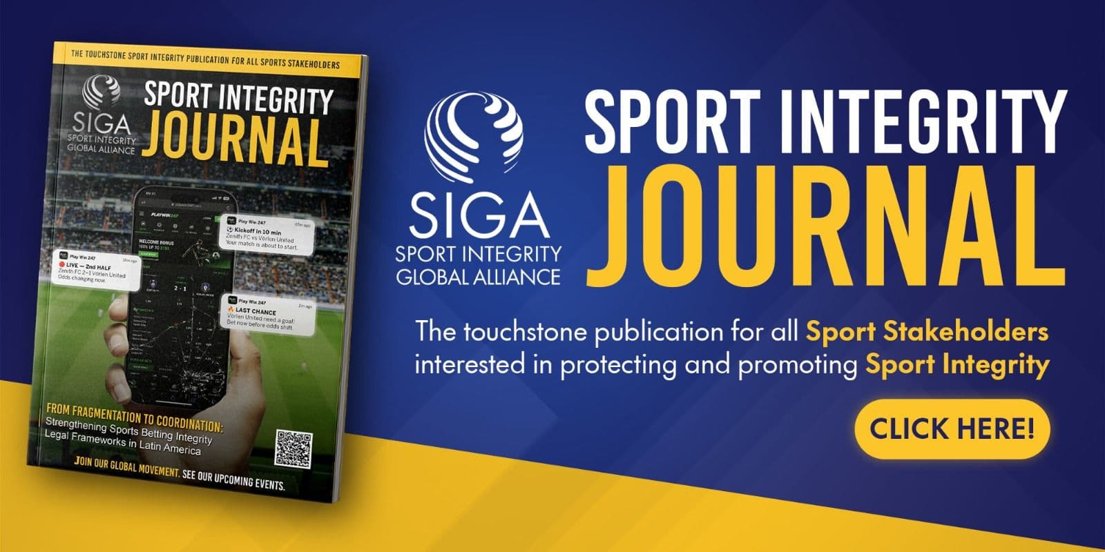 Cover of the Sport Integrity Journal by SIGA dedicated to integrity in sports betting in Latin America, featuring logos from regulatory and sports organizations.