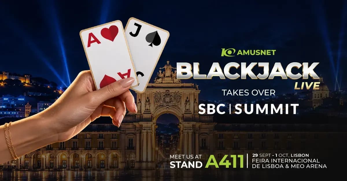 Amusnet's exhibition stand at SBC Summit Lisbon 2026 highlighting Blackjack Live and casino gaming innovations