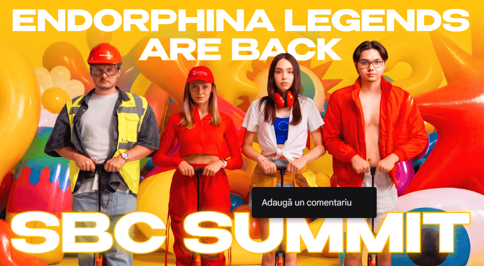 Preview del stand inflable de Endorphina y configuración de trampolín para el evento SBC Summit Lisboa 2026