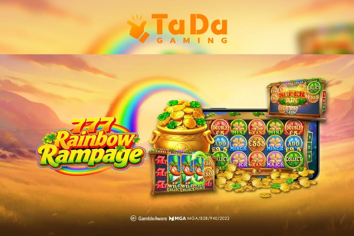 TaDa Gaming's 777 Rainbow Rampage slot with leprechaun-themed reels, coins and rainbow graphics