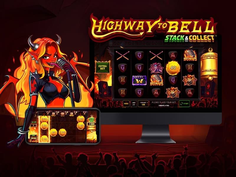 Ilustración del juego Highway to Bell Stack & Collect de Greentube con carretes, campana y símbolos Fireball.
