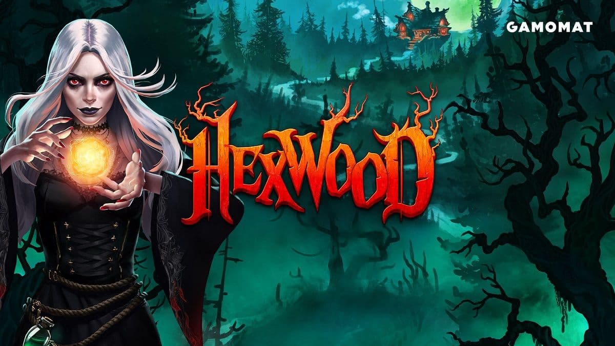 Pantalla de juego de Hexwood, tragamonedas online de GAMOMAT, con símbolos misteriosos y multiplicador progresivo