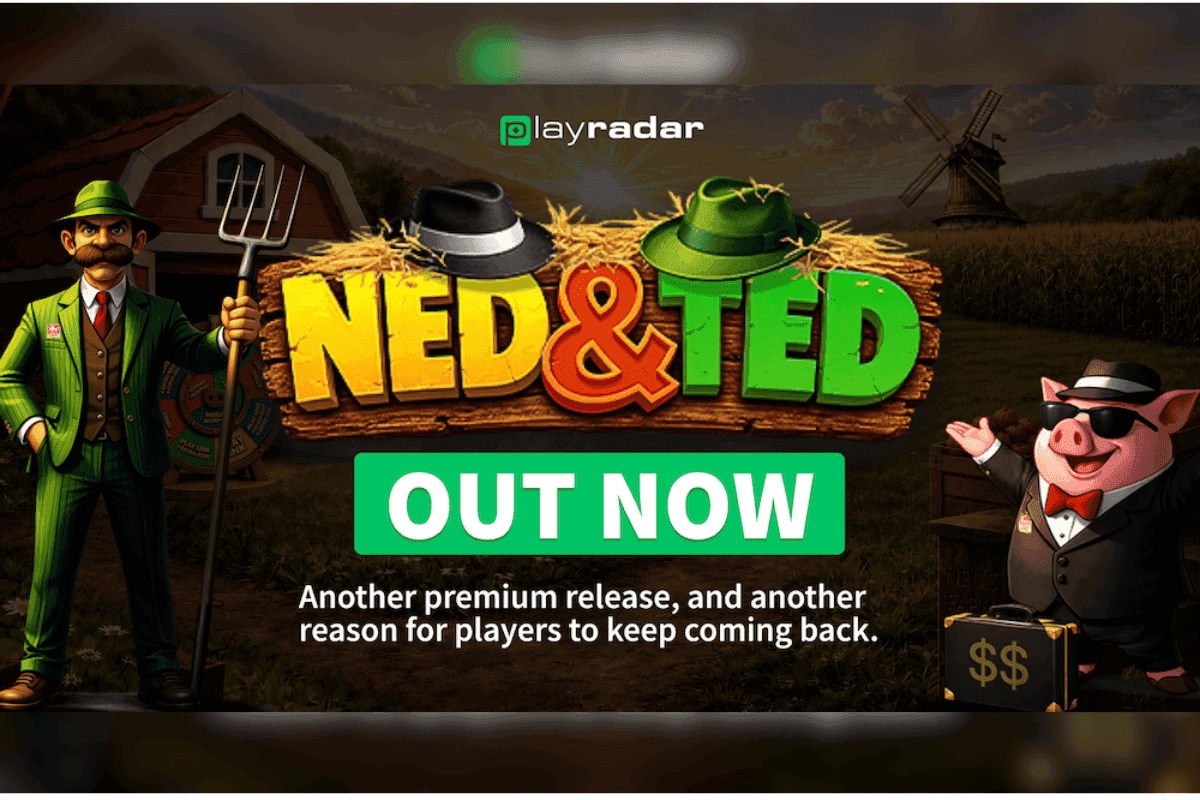 Interfaz del juego Ned & Ted de Playradar, mostrando gráficos con temática agrícola y una función de rueda de bonificación.
