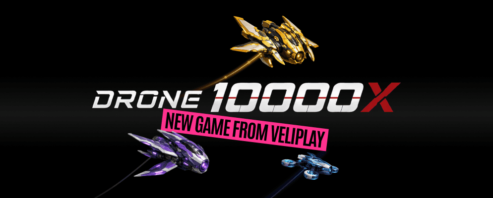 Screenshot of the Drone 10000X multiplayer crash game by VeliPlay showing live drone formations and game interface