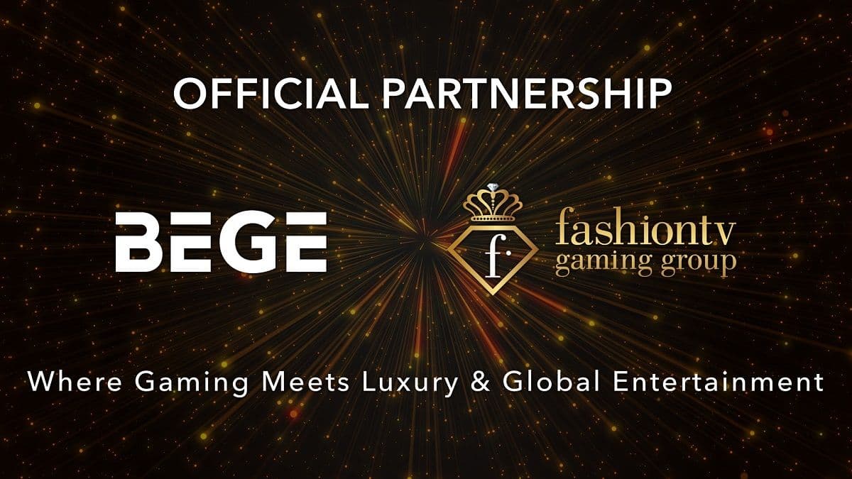 Representantes de FashionTV Gaming Group y BEGE Expo frente a un fondo de branding de eventos y juegos de lujo