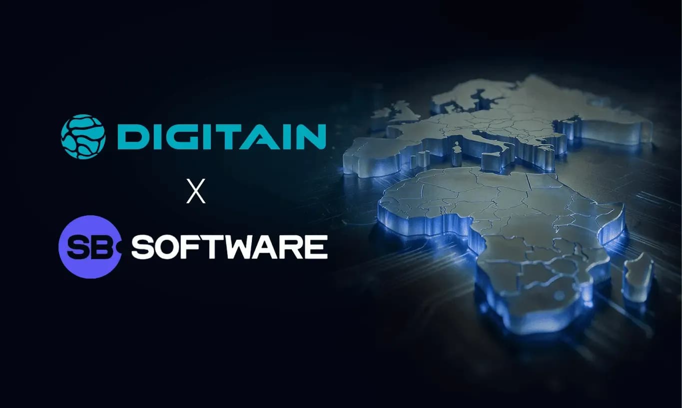 Dos profesionales estrechándose las manos frente a gráficos de servidores de juegos digitales, simbolizando una asociación entre Digitain y SB Software