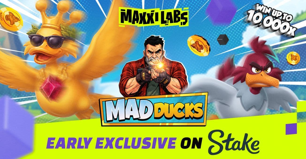 Maxxi Labs Mad Ducks slot game interface showcasing the exclusive launch banner for Stake users