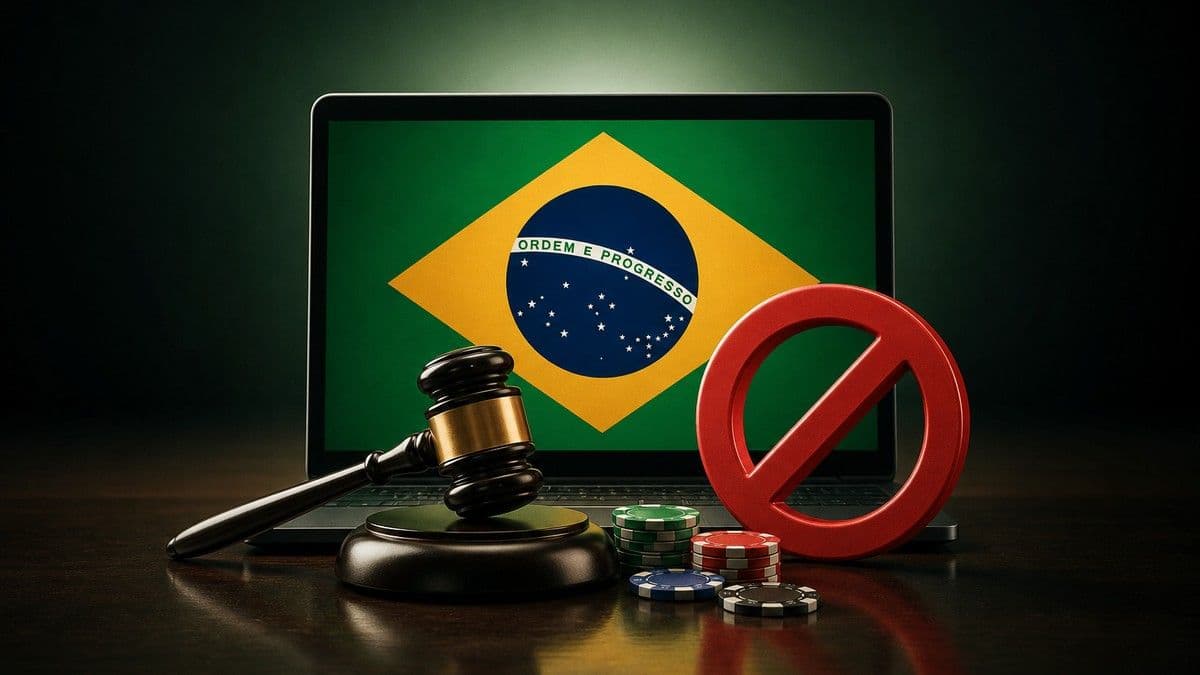 Un mapa digital de Brasil superpuesto con iconos de juegos de casino y un candado de pago simbolizando el riesgo regulatorio