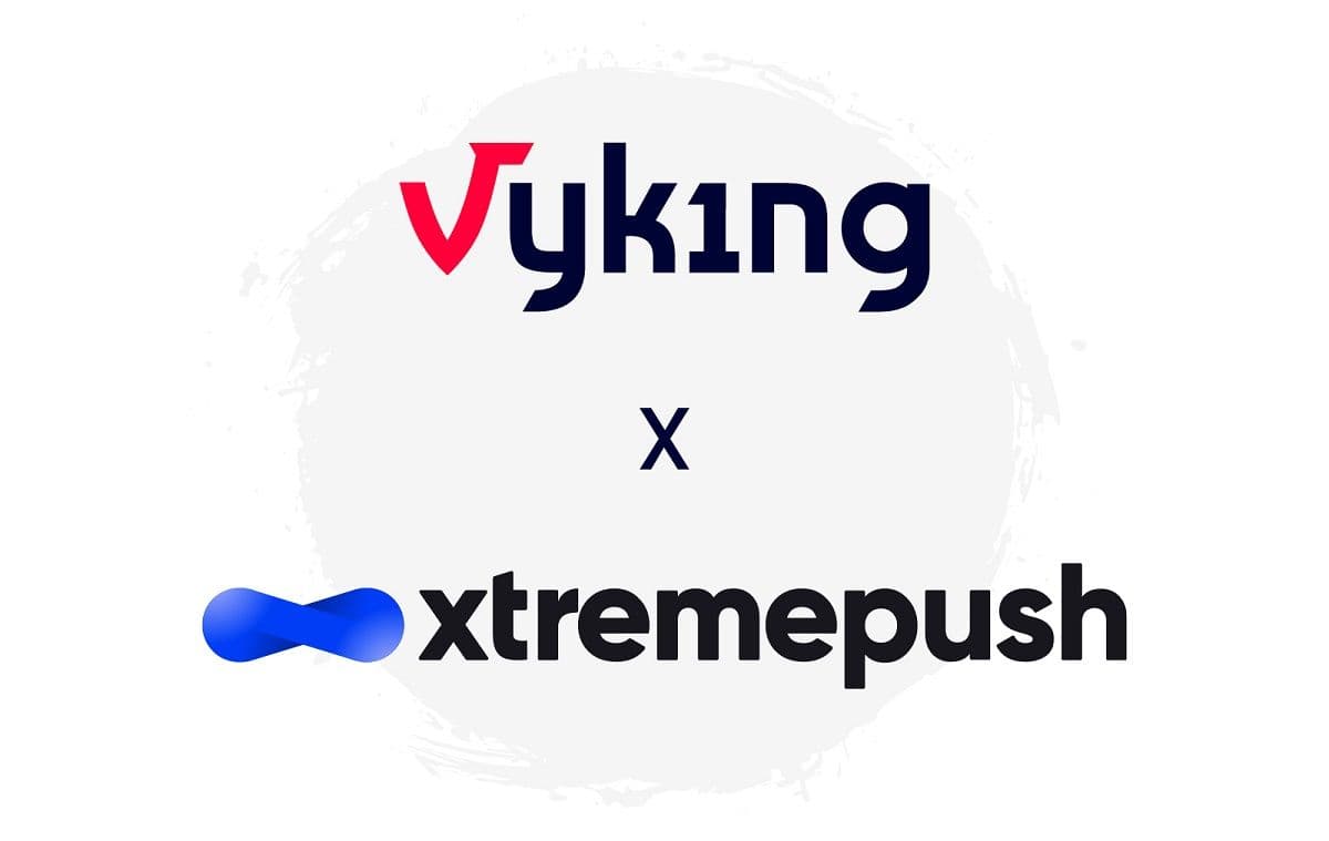 Vyking and Xtremepush logos above a dashboard illustrating CRM, SMS, and loyalty integrations for operators