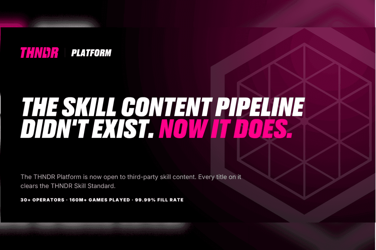 Interfaz de la plataforma THNDR mostrando juegos de habilidad certificados integrados con múltiples operadores de iGaming
