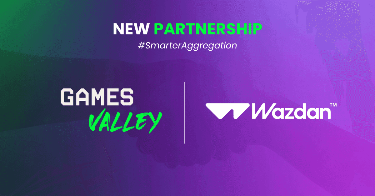 Logos de Games Valley y Wazdan junto a ilustraciones de tragamonedas digitales y la interfaz de una plataforma de agregación