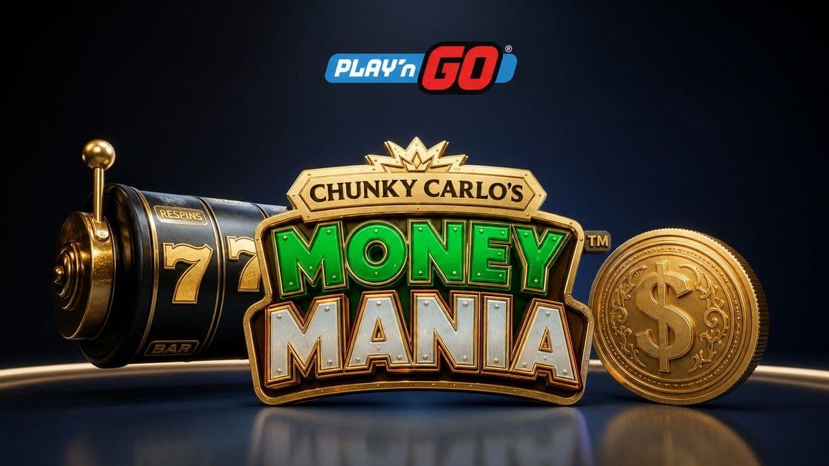 Chunky Carlo’s Money Mania promotional grid with Play’n GO and licensing logos displayed for UK, Malta, and Gibraltar