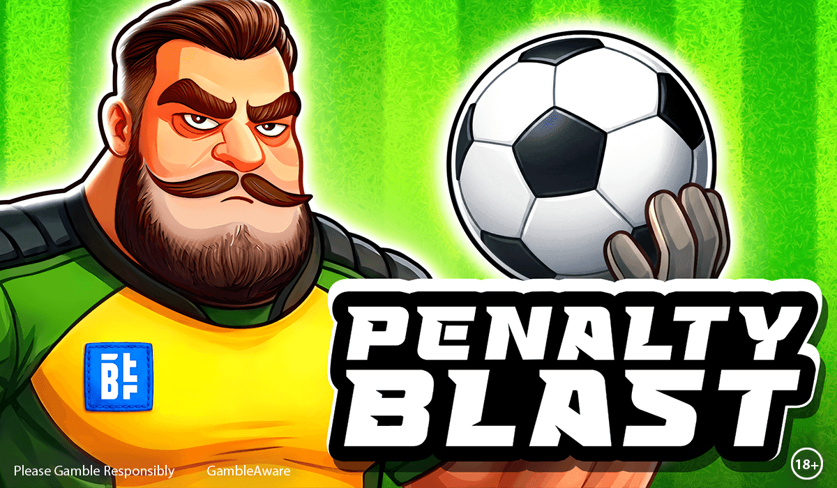 Ilustración editorial del slot Penalty Blast de Belatra Games mostrando la cuadrícula, el Portero y símbolos de balón