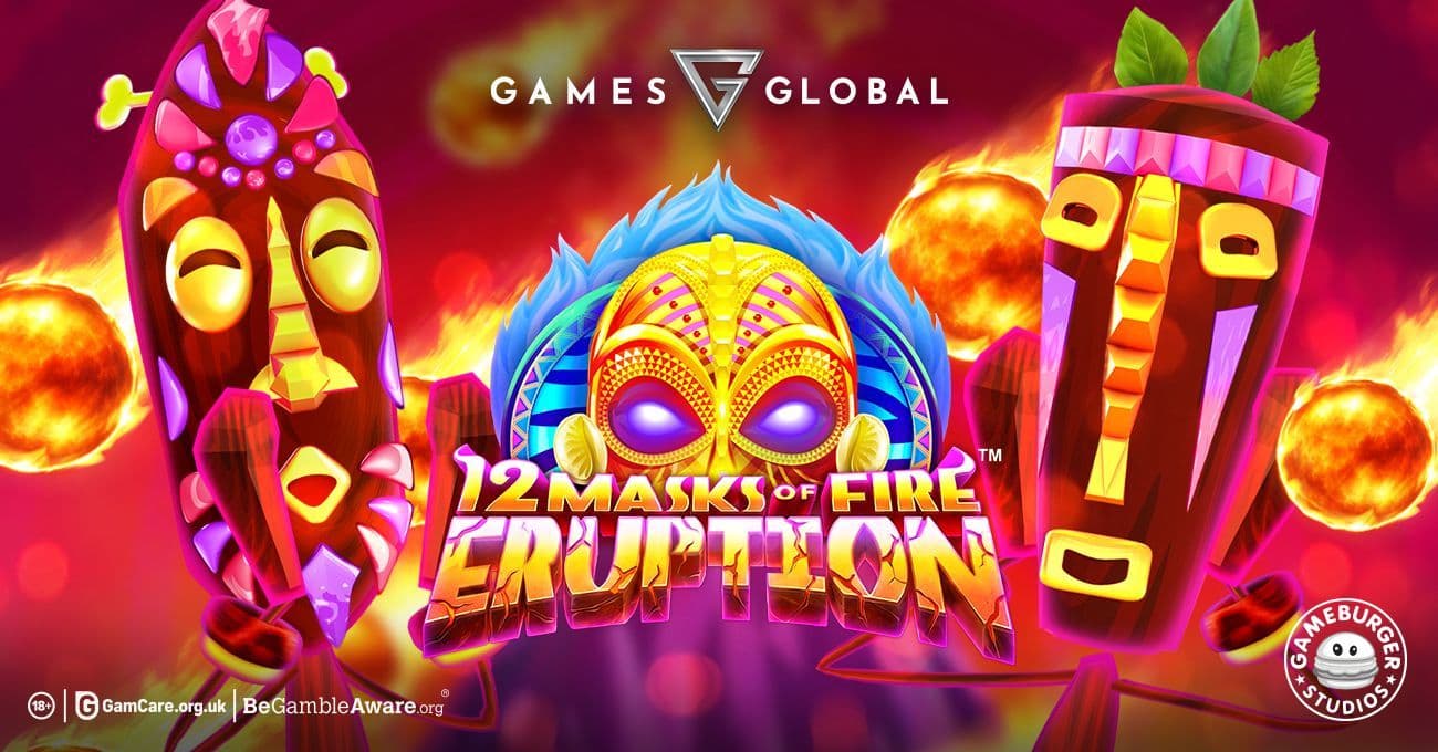 Ilustración de la tragamonedas 12 Masks of Fire Eruption Prize Flow mostrando carretes, rutas de premios y logotipos de Games Global y Gameburger Studios.