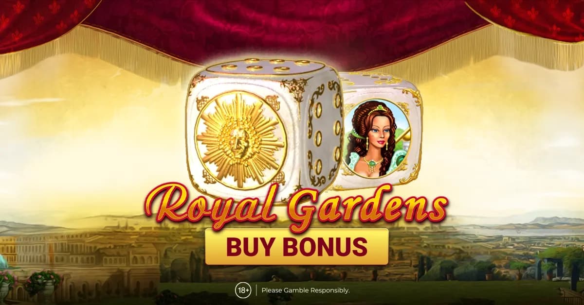 Interfaz de Royal Gardens Buy Bonus de Amusnet, mostrando carretes y símbolos Expanding Wild en un entorno de jardín colorido