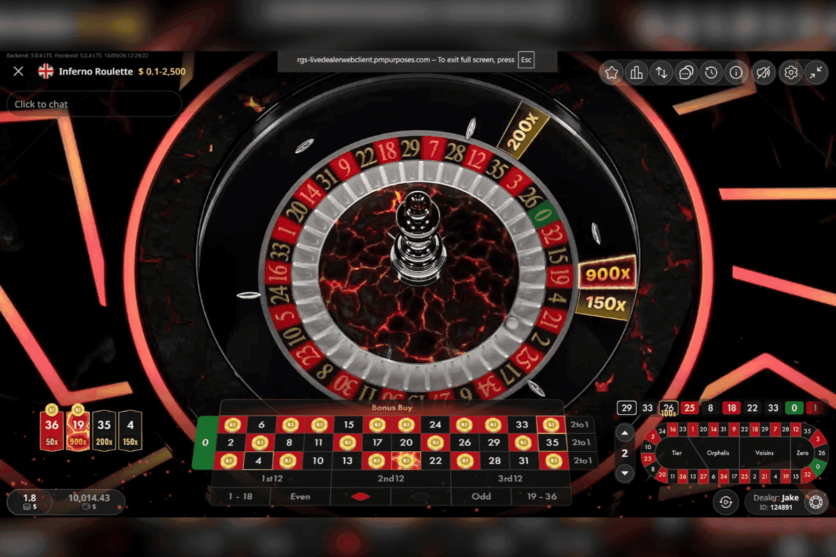 Mesa de ruleta en vivo con gráficos de multiplicadores y tecnología V-Track de fondo, representando la integración en Inferno Roulette.