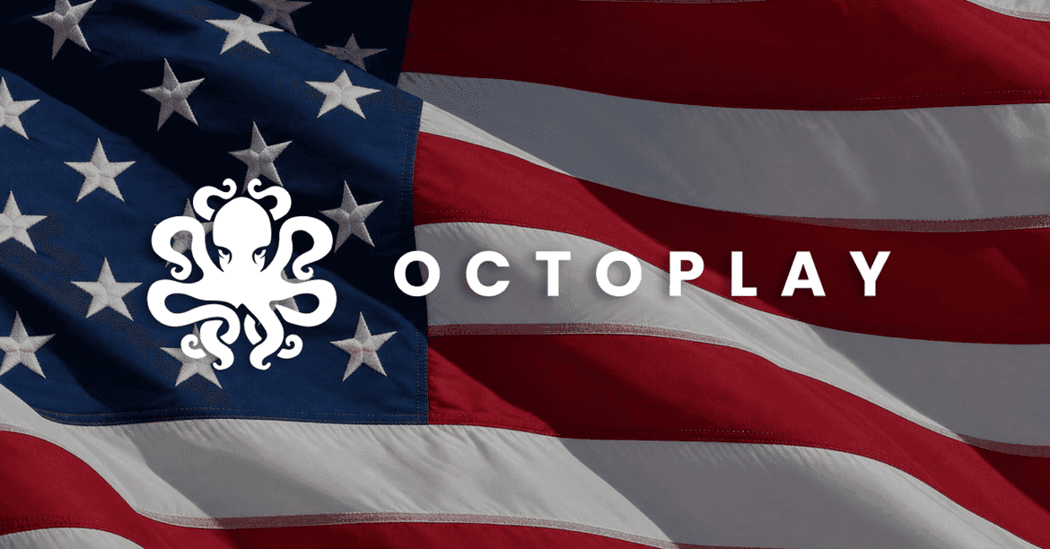 Logotipo de Octoplay y sello de la Junta de Control del Juego de Pennsylvania sobre un mapa de Pennsylvania e íconos de iGaming.