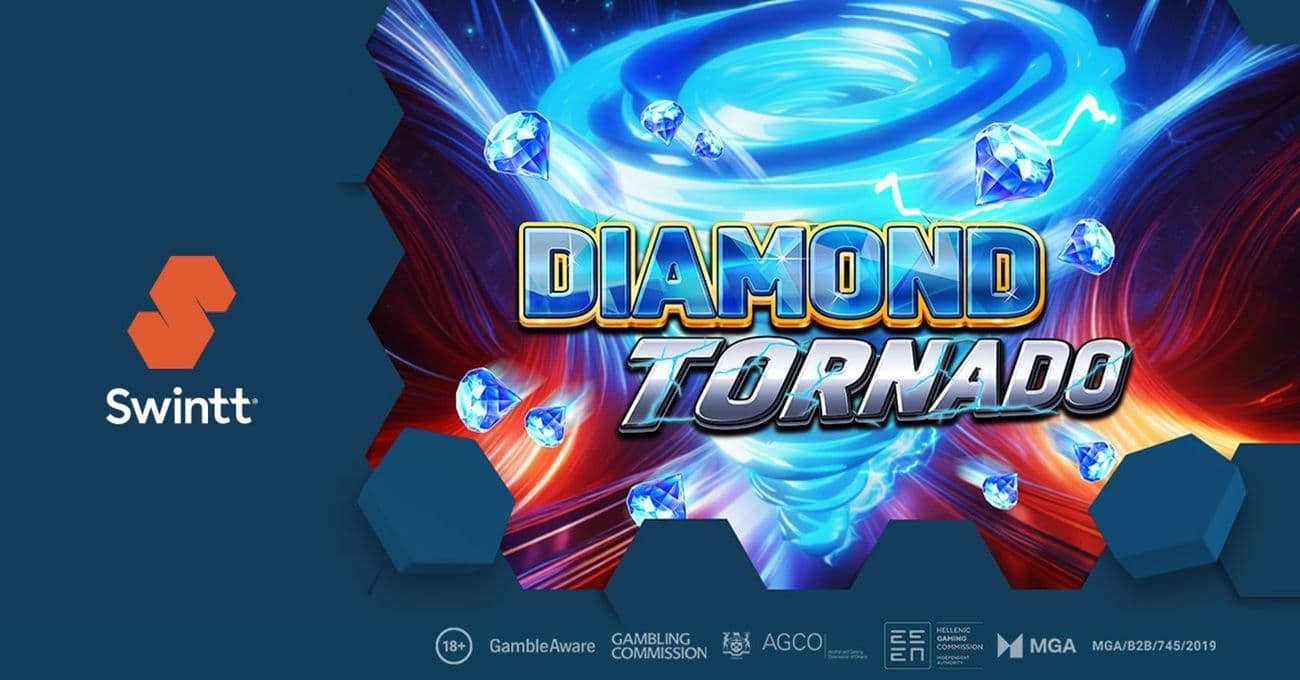 Carretes del juego tragamonedas Diamond Tornado de Swintt exhibidos con símbolos de diamante y un banner de jackpot