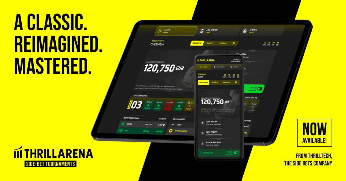 Editorial image of a digital interface for casino tournaments, sports betting, and live games alongside chips and side bets.