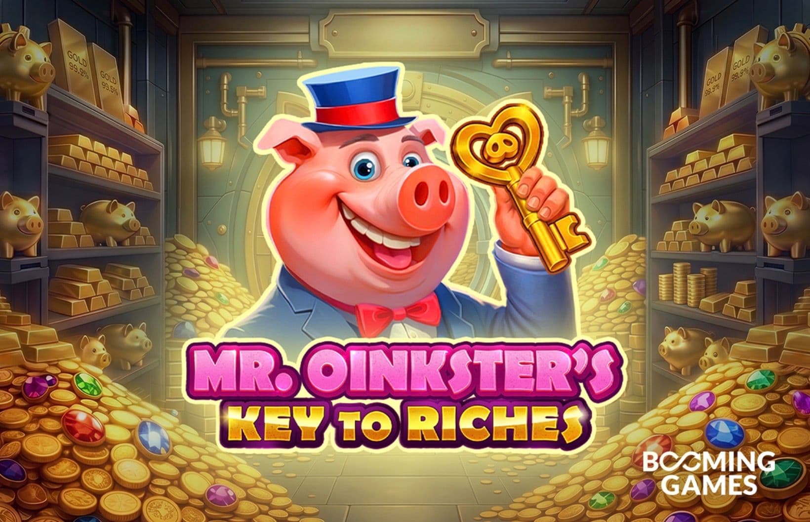 Pantalla de juego de Mr. Oinkster's Key to Riches de Booming Games con carretes, monedas y funciones Wild