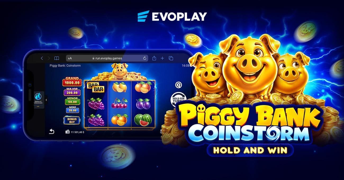 Evoplay Piggy Bank: Coinstorm slot interface showing bonus coins, four-tier jackpots, and farmyard-themed graphics