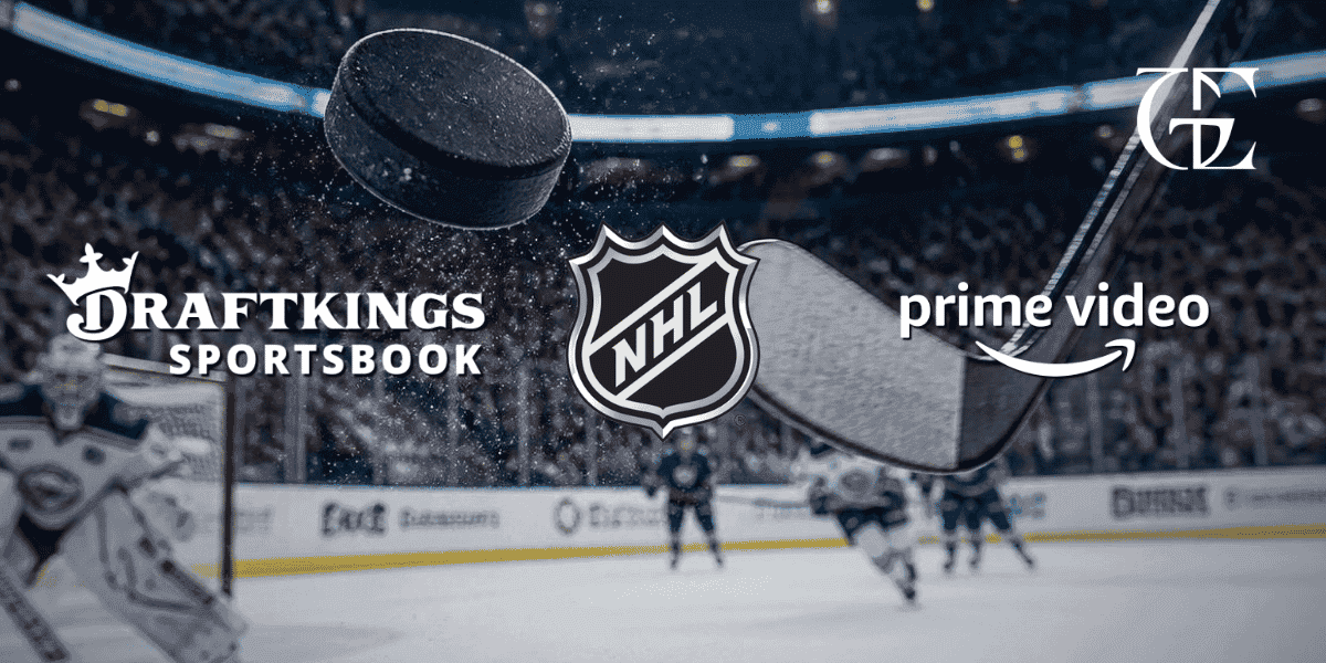 DraftKings and Prime Video logos above a hockey rink, representing the exclusive NHL broadcasting partnership in Canada for the 2026-27 season