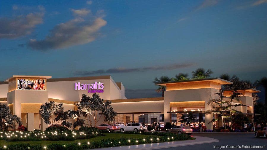 Vista interior de Harrah's Pompano Beach con mesas llenas de jugadores durante un torneo de poker WSOP Circuit