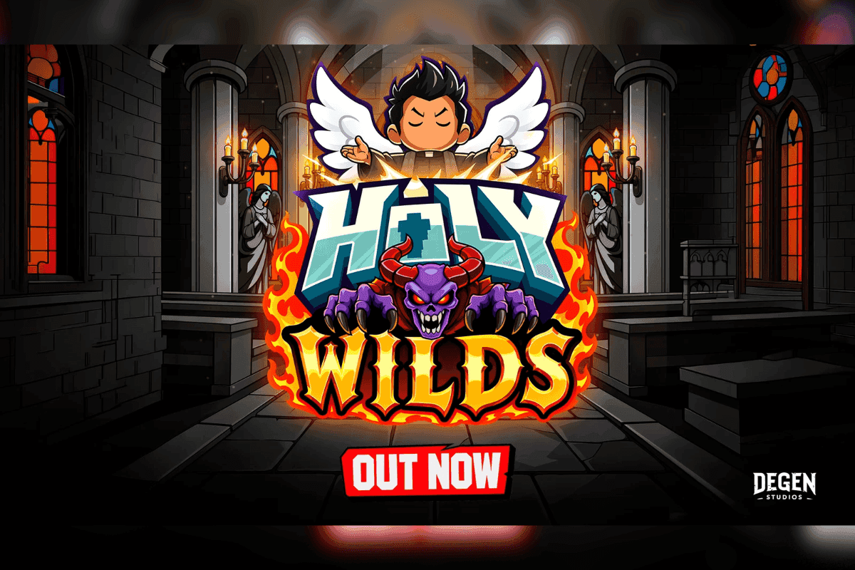 Holy Wilds slot reels with Holy Light Wilds transforming symbols and the Demon King bonus feature in action