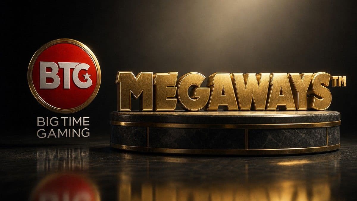 Logotipo del estudio Big Time Gaming con carretes de tragamonedas Megaways que ilustran alturas de símbolos variables.