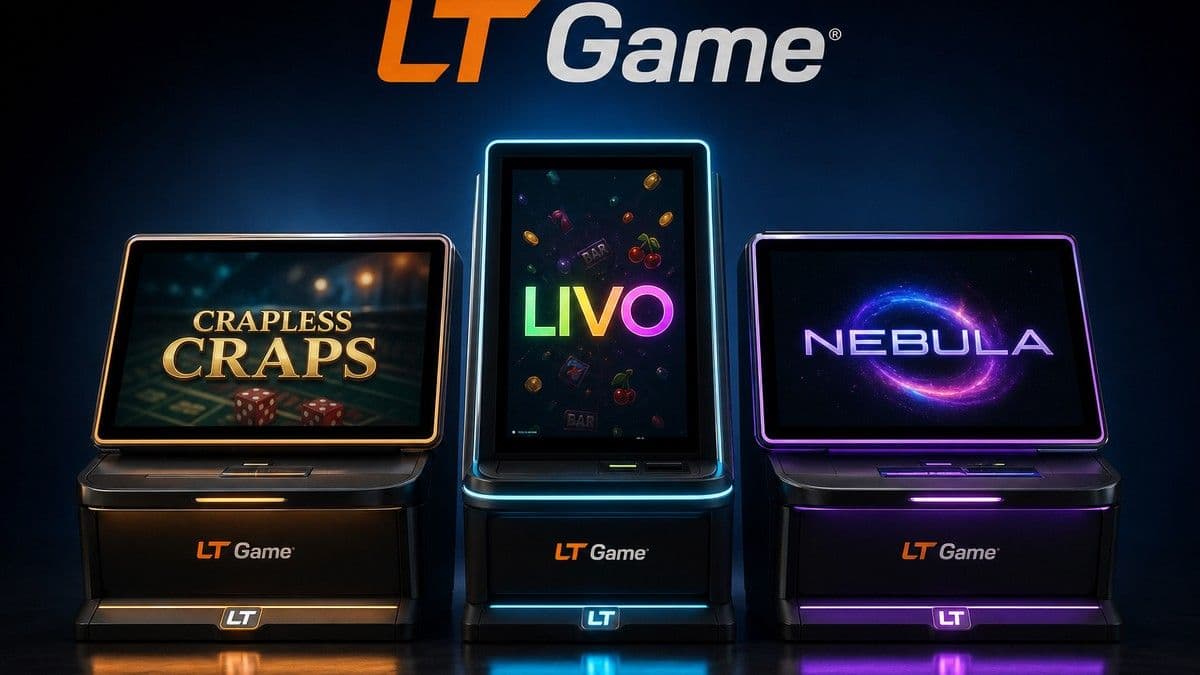 Stand de LT Game en G2E Las Vegas mostrando el gabinete SpeedWave, demostraciones de Crapless Craps ETG y la plataforma Livo.