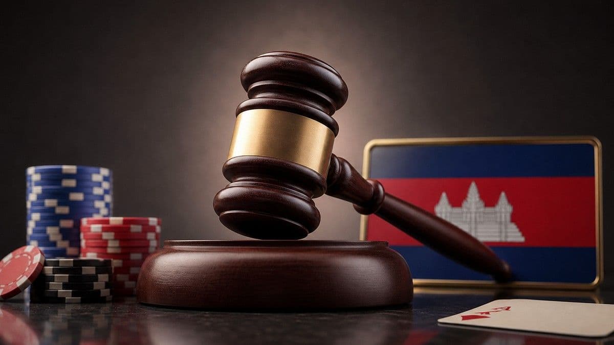 Portada del informe y horizonte de casinos camboyanos con documentos regulatorios y un gráfico financiero de fondo