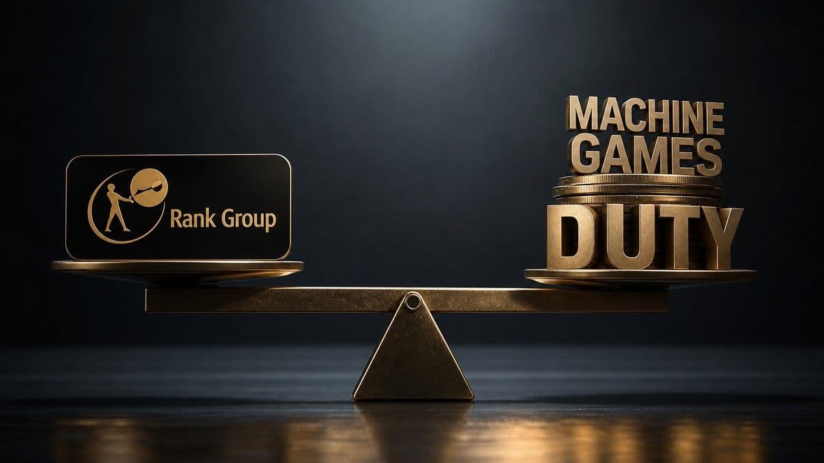 Rank Group signage outside a Grosvenor Casinos venue with bingo hall interior visible, illustrating retail exposure to machine games duty changes