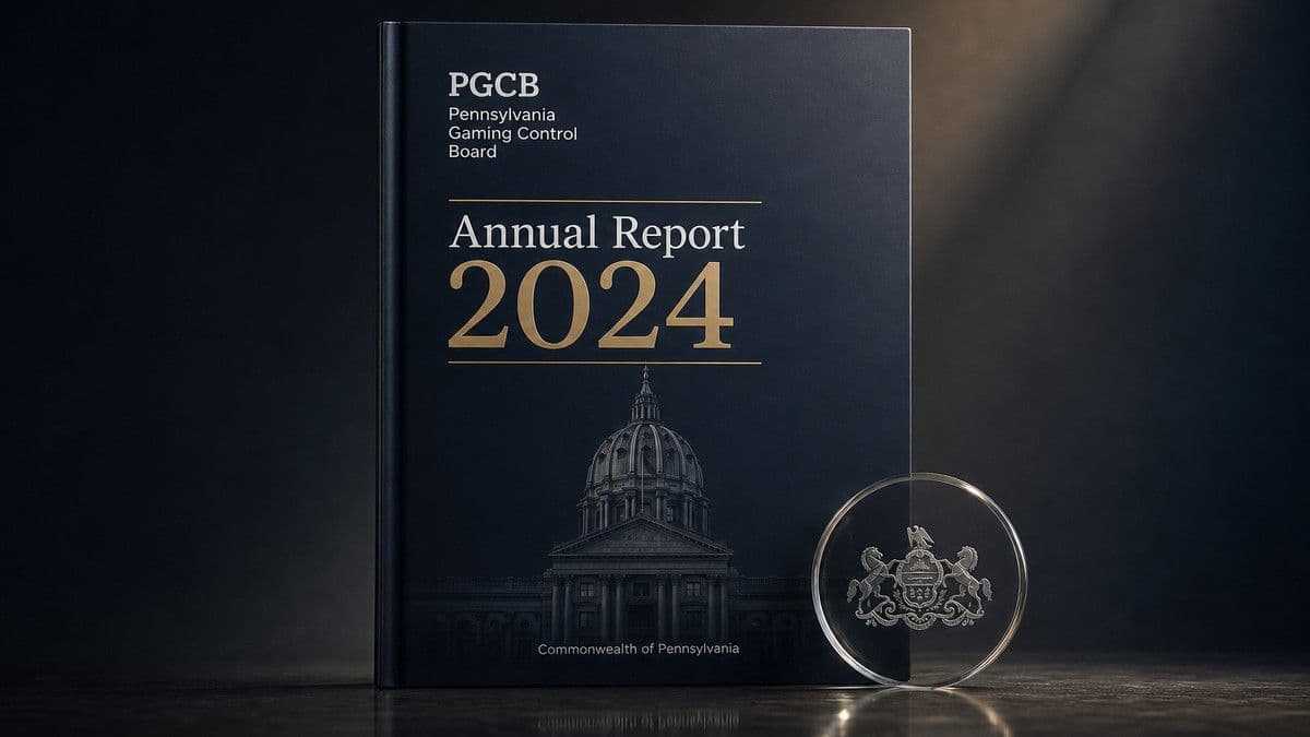 Imagen de portada del informe anual de la Junta de Control del Juego de Pensilvania con cifras fiscales y conteos de establecimientos para 2025-2026.