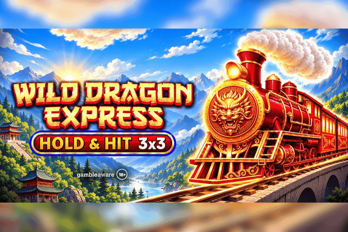 Artwork de Wild Dragon Express mostrando una rejilla de 3x3 con símbolos de monedas y tema de dragón, anunciando jackpots de hasta un límite de x5,000.