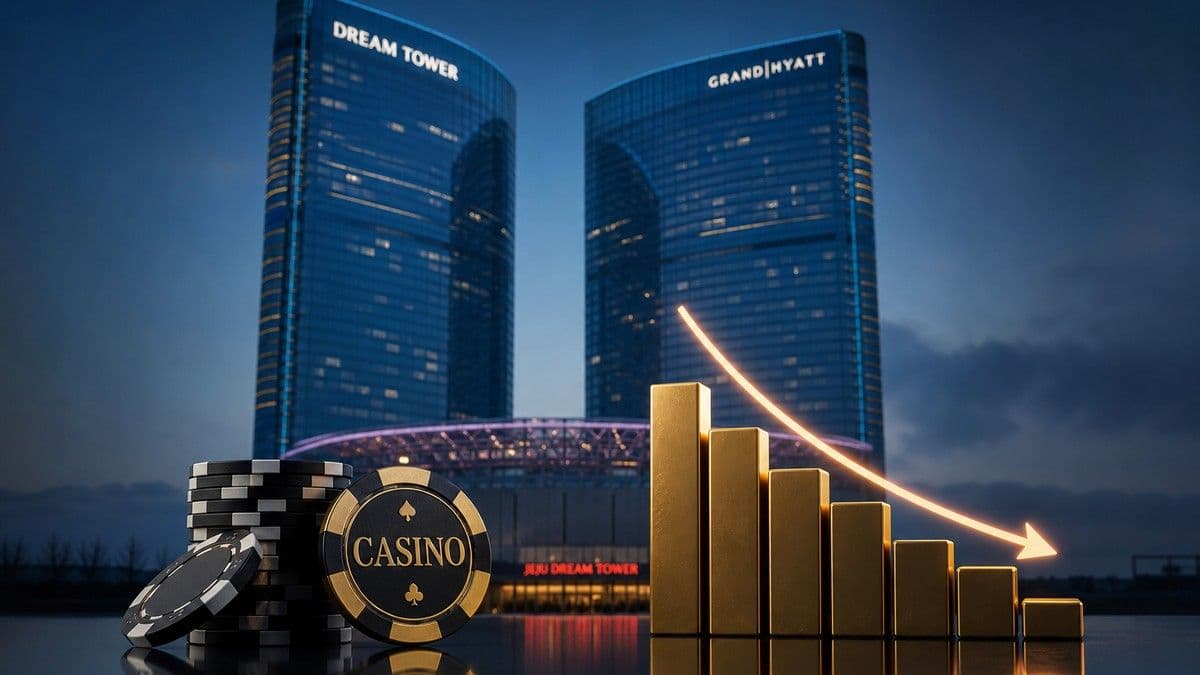 Exterior view of the Jeju Dream Tower complex with visitors and a casino sign at dusk