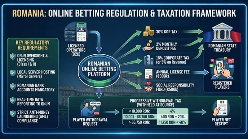 Map of Romania with gambling icons and digital growth indicators illustrating shift to online betting
