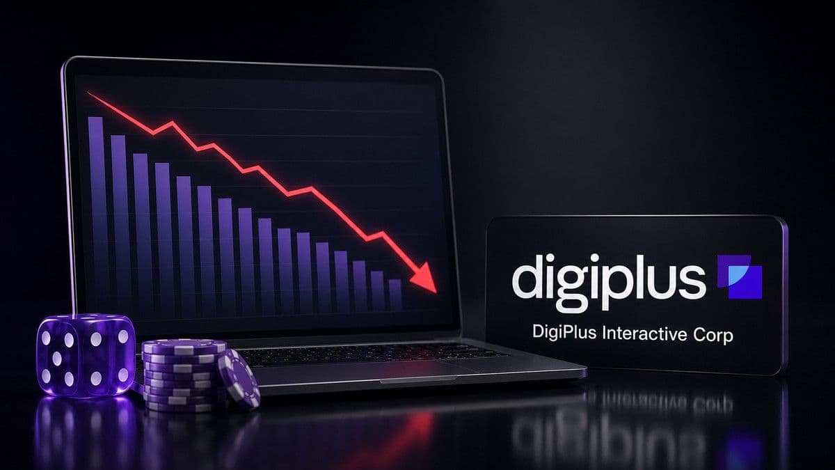 Analyst report pages and a mobile gaming app screen showing BingoPlus and ArenaPlus metrics on a desk