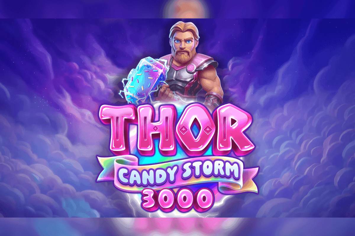 Tom Horn Gaming branding alongside candy-themed Thor Candy Storm 3000 slot reels showing multiplier icons and cascading symbols