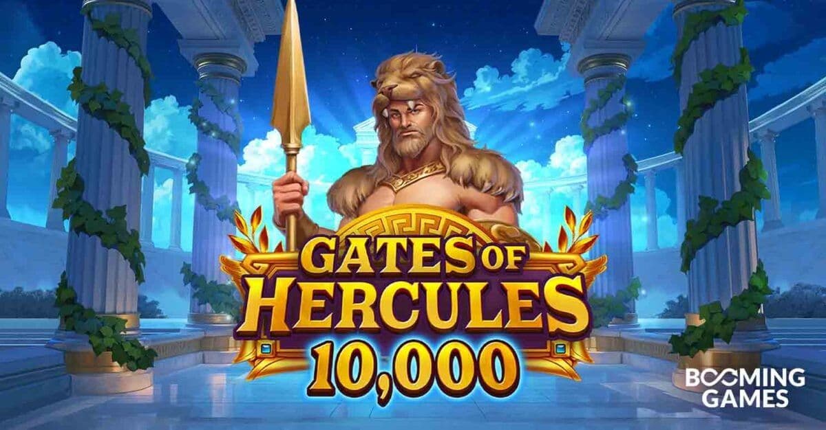 Gates of Hercules 10,000 slot art showing a 6x5 reel set, cascading symbols and multiplier icons up to 500x, with Booming Games branding