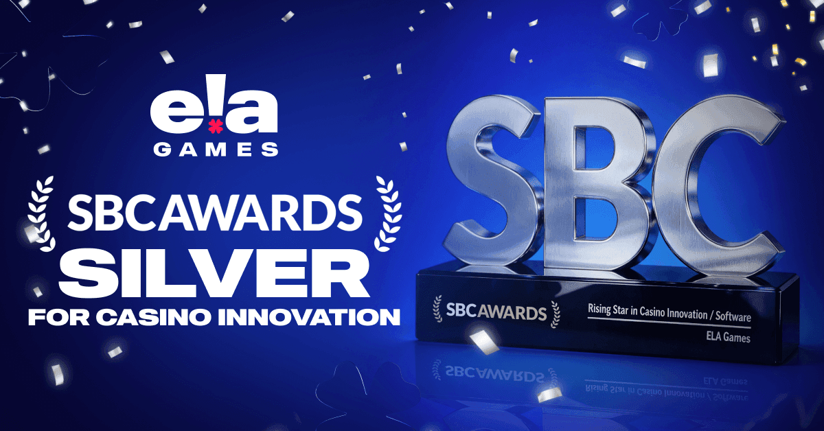 ELA Games team at the SBC Summit Lisbon exhibition floor with a Silver award for casino innovation software