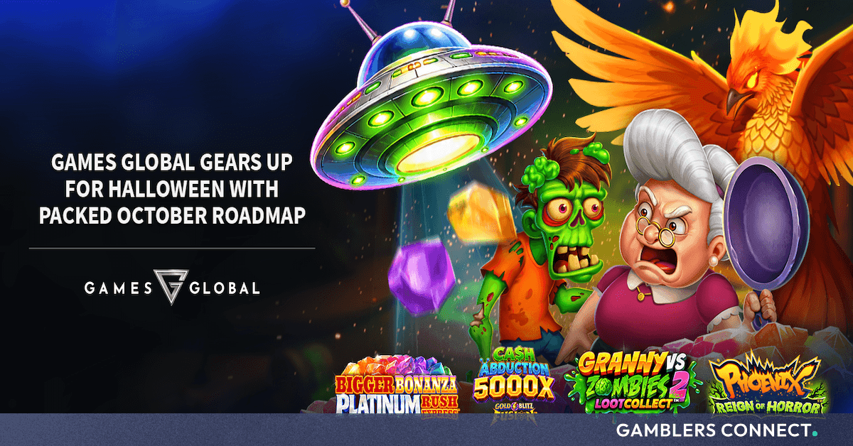 Promotional art showing four slot themes: phoenix, granny vs zombies, alien abduction tower and a platinum train mechanic