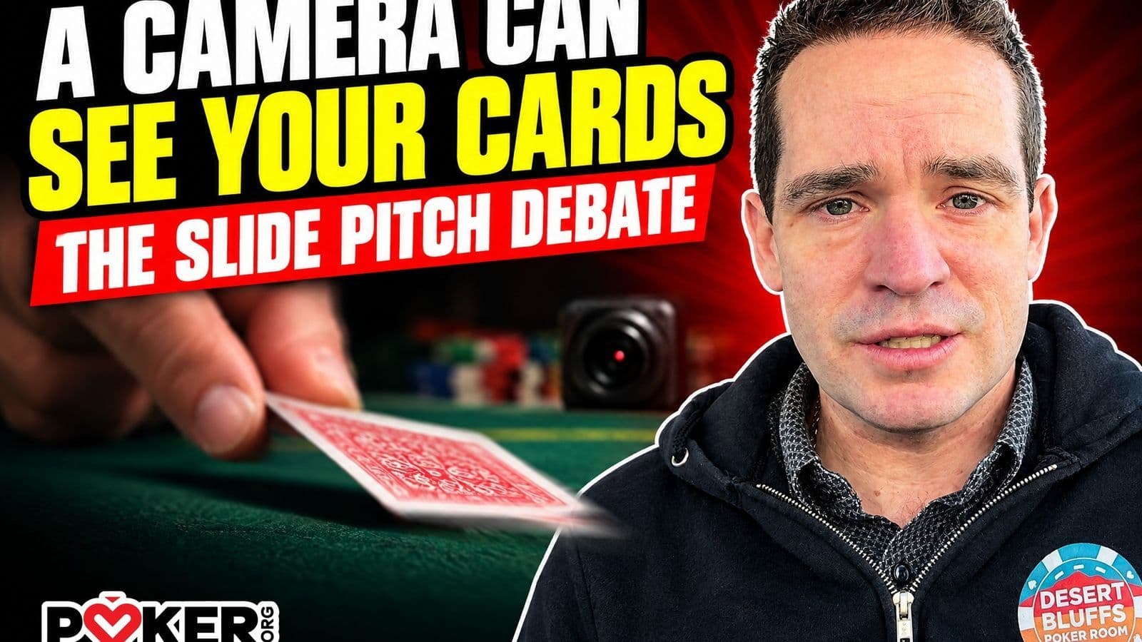 Dealer demonstrating the slide pitch at a poker table with a small camera highlighted during a trade-show demonstration