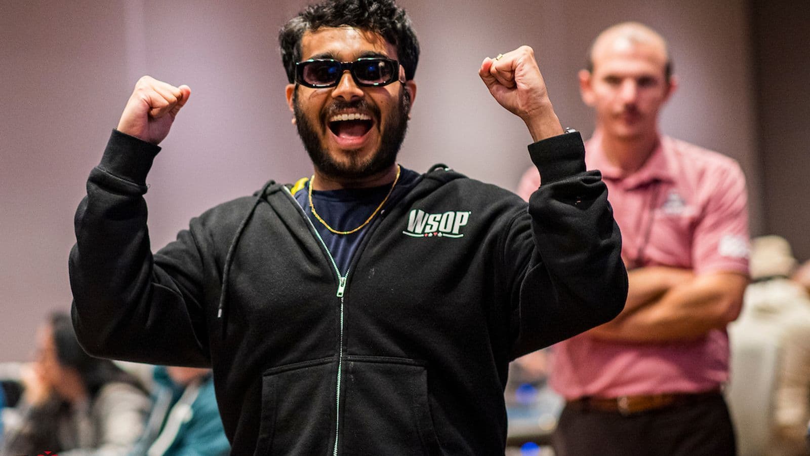 Manjunath Mulinti celebrates winning the WSOPC Thunder Valley Main Event with his new circuit ring and trophy