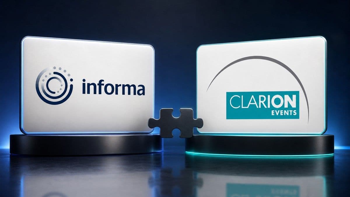 Informa and Clarion Events logos overlaid with a trade show floor and financial figures indicating a GBP2.24bn acquisition