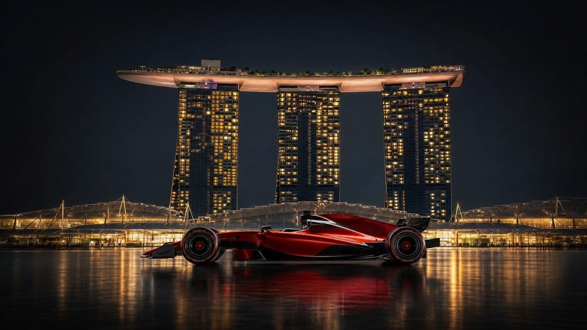 Marina Bay Sands hotel towers lit up at night with Ferrari red lighting during Formula 1 race week around Marina Bay